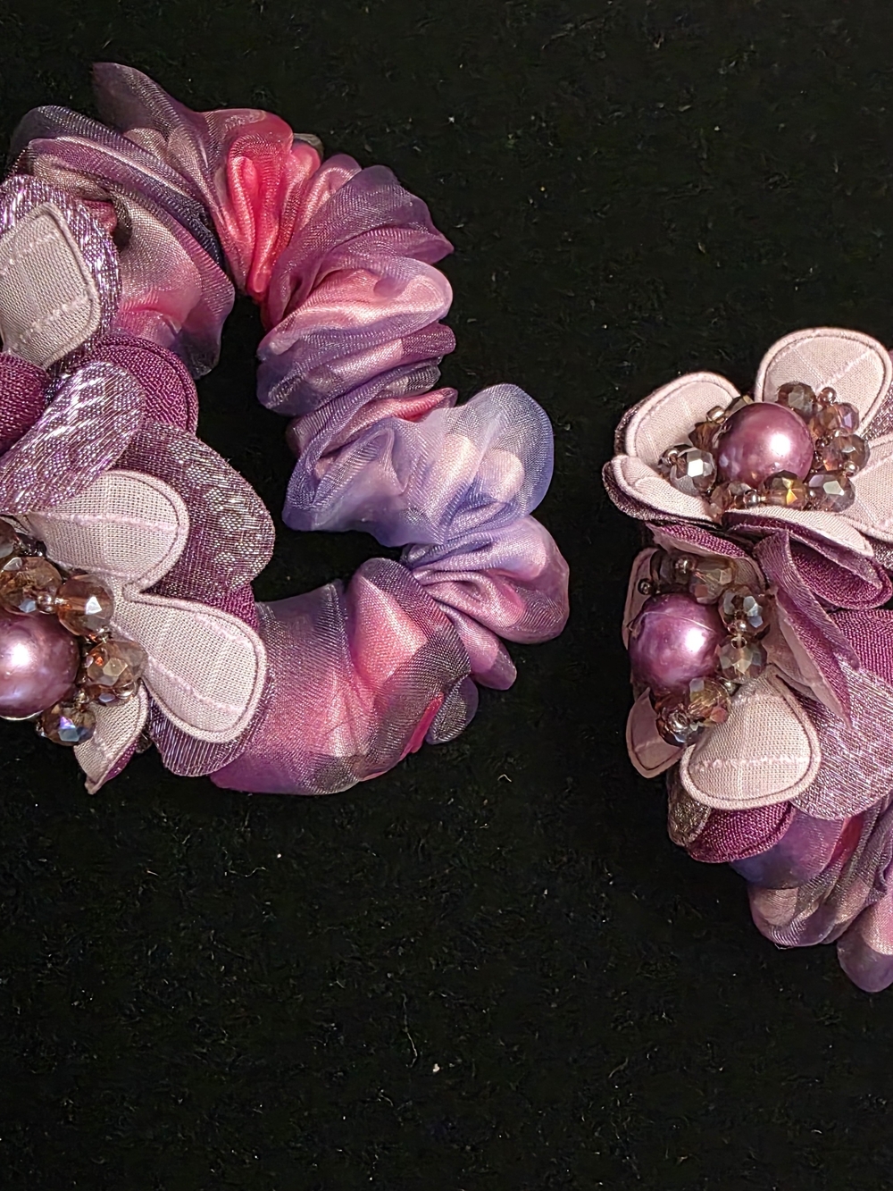 Pink & Purple Floral Satin Scrunchie Set with Bead Accents
